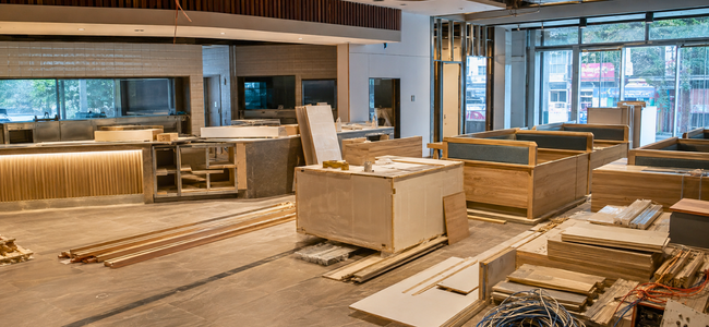 Restaurant construction site mid-build with modular crates and components waiting to be assembled